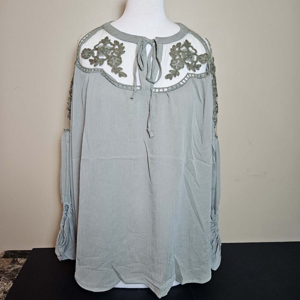 Hayden LA Boho Blouse M/L Sage Green Embroidered Lace Sheer Tie Neck NWT